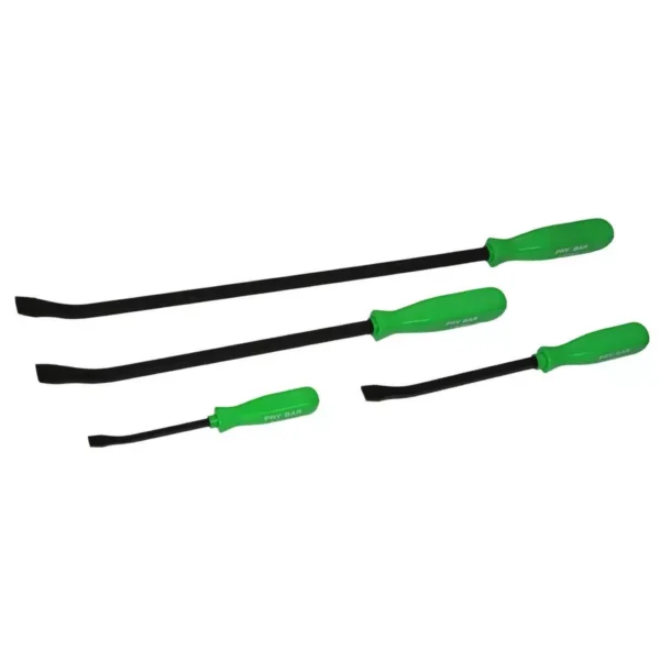 Set of 4 Grip 60233 crowbars with neon steel and PVC handles (8", 12", 18", 24"). Ideal for demolition and lifting, offering durability, comfort and increased visibility.