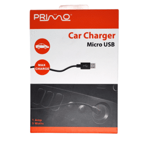 Chargeur voiture Micro-USB Primo 1A 5W (SKU 99950), compact et sécurisé, compatible 12V/24V pour téléphones et appareils Micro-USB.