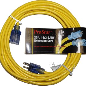 25-foot SJTW 16 Gauge extension cord with lighted ends, water and flame-resistant, ideal for outdoor use. Features durable connectors and light indicators for safe power monitoring.