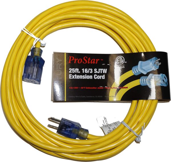 25-foot SJTW 16 Gauge extension cord with lighted ends, water and flame-resistant, ideal for outdoor use. Features durable connectors and light indicators for safe power monitoring.