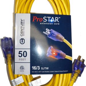 50-foot SJTW 16 AWG extension cord with lighted ends, water and flame-resistant, designed for heavy-duty outdoor use. High-quality and durable.