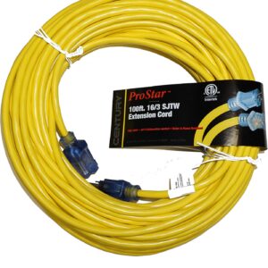 100-foot SJTW 16 gauge extension cord with lighted ends, water and flame resistant for outdoor use.