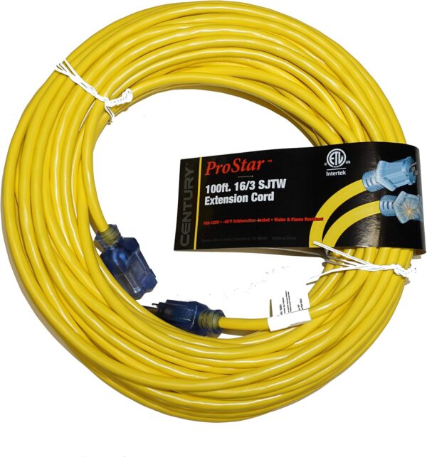 100-foot SJTW 16 gauge extension cord with lighted ends, water and flame resistant for outdoor use.