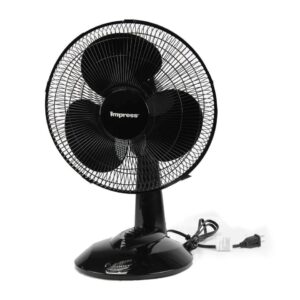 Impress 12-inch oscillating table fan (IM-713B): efficient cooling with multiple speeds, compact and elegant design, ideal for home or office.