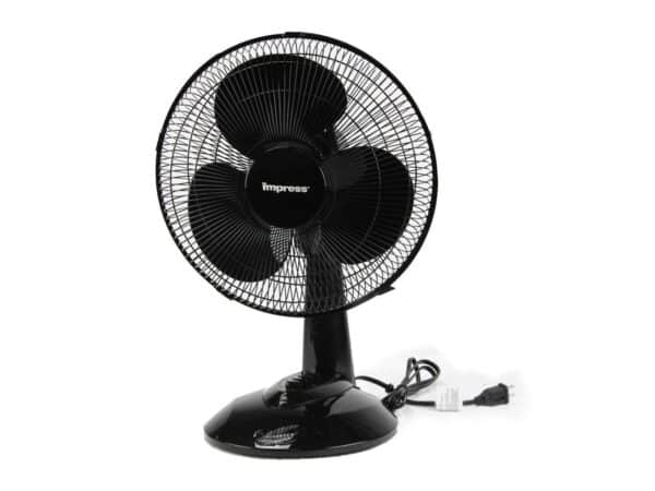 Impress 12-inch oscillating table fan (IM-713B): efficient cooling with multiple speeds, compact and elegant design, ideal for home or office.