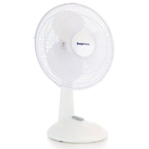 Ventilateur de table oscillant Impress 12 pouces (modèle IM-712W) offrant une circulation d'air optimale et une fonction d'oscillation pour un confort personnalisé à la maison ou au bureau. Compact, élégant, et couvert par une garantie d'un an contre les défauts de fabrication.