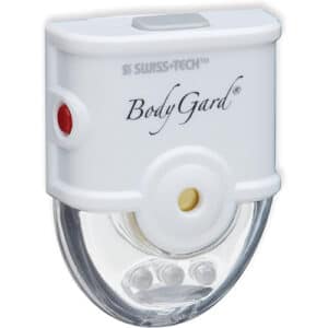 The Swiss+Tech ST81201 BodyGard Purse Light and Alarm features 3 bright LEDs, a 115-decibel panic alarm, a convenient clip, and an included lanyard for easy access.