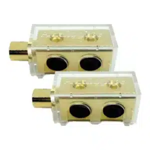 PB-2010XT power distribution block 1 vers 2 en 0 AWG, finition or 24K, base usinée avec précision, idéal car audio haute puissance. Pack de 2 unités.