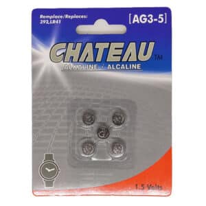 Piles alcalines AG3 Chateau 1.5V, paquet de 5, compatibles LR41 et 392, idéales pour montres, calculatrices et petits appareils électroniques.