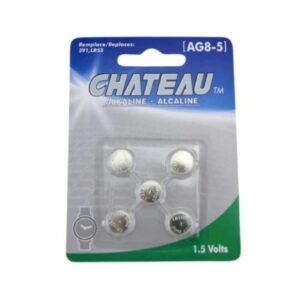 Piles alcalines AG8 Chateau 1.5V, paquet de 5, compatibles LR55 et 391, idéales pour montres, calculatrices et petits appareils électroniques.