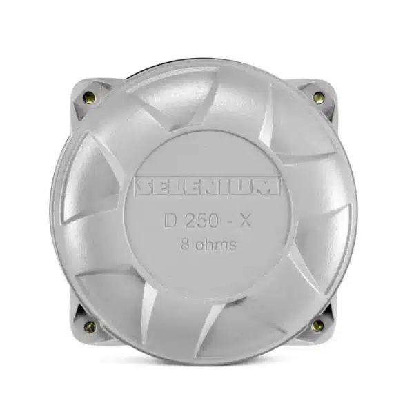 Discover the Selenium by JBL D250-X midrange compression driver, designed for mid and high frequencies with a robust phenolic diaphragm. Ideal for indoor sound systems and small public address systems.