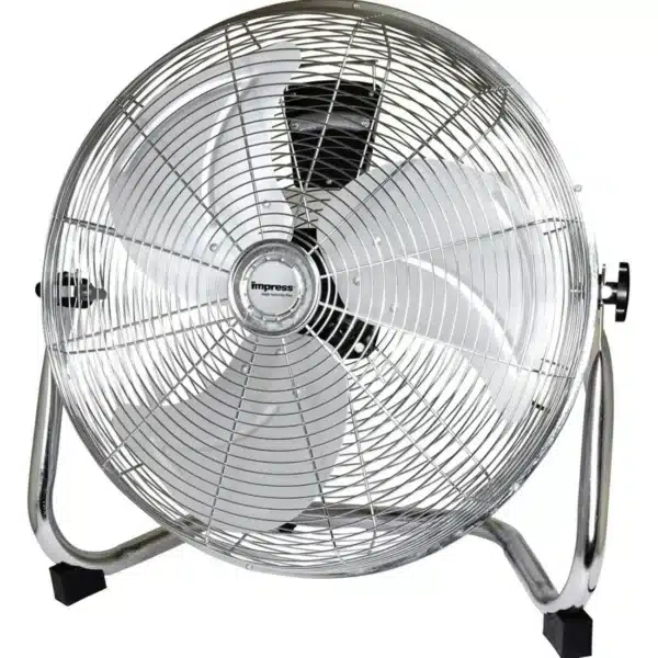 High-velocity metal fan Chrome Impress IM-778FS 18” in silver, 3 speeds, tilting head, 100W motor, ideal for large rooms. No assembly required.