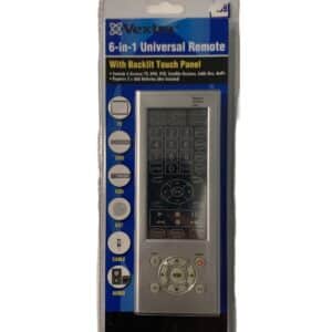 Vextra 6-in-1 universal remote control with backlit touch panel. Controls TV, DVD, VCR, satellite receiver, cable box, and audio. Requires AAA batteries (not included).