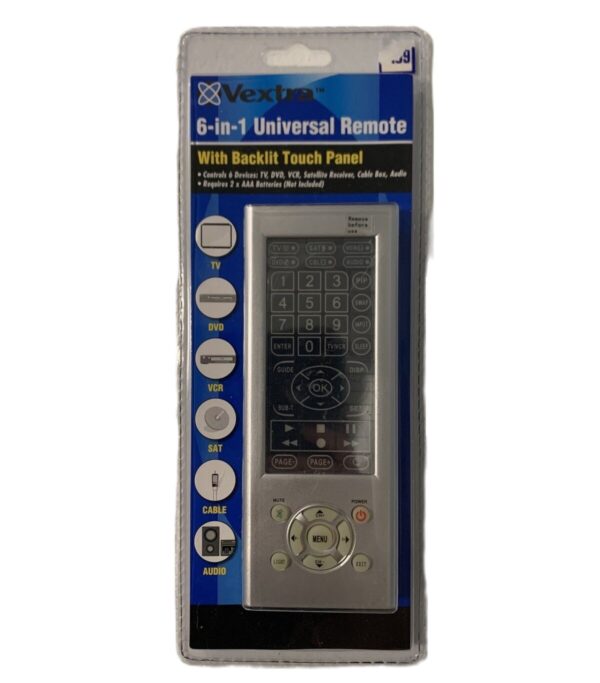 Vextra 6-in-1 universal remote control with backlit touch panel. Controls TV, DVD, VCR, satellite receiver, cable box, and audio. Requires AAA batteries (not included).