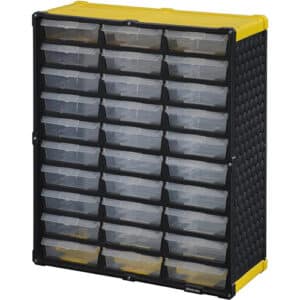 Stack-On SCY-30 storage cabinet with 30 transparent drawers and customizable labels. Ideal for garage, office, home. Easy to mount or place on bench.