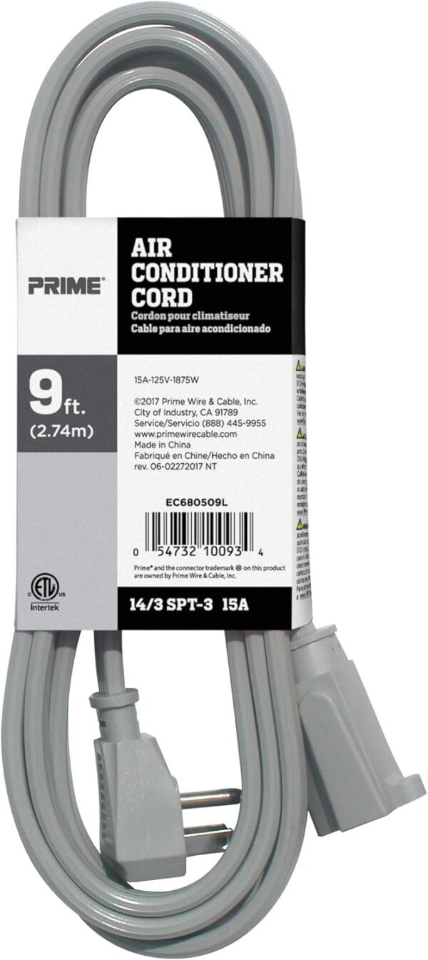 9-foot PRIME EC680509L extension cord for air conditioners and major appliances, 15 Amps, UL and CSA certified.