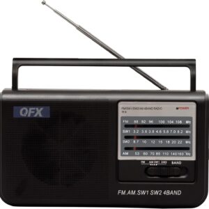 QFX R3 AM/FM radio with high-power dynamic speaker, 3.5mm earphone jack, telescopic antenna, and handle. Operates on AC 120V or 3 "D" batteries (not included).