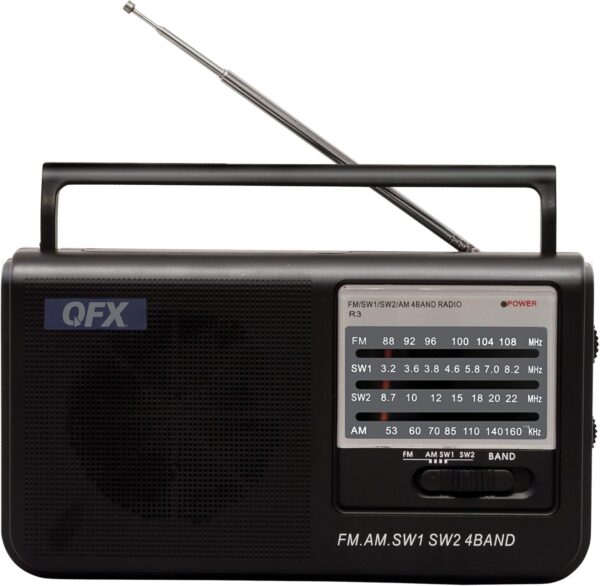 QFX R3 AM/FM radio with high-power dynamic speaker, 3.5mm earphone jack, telescopic antenna, and handle. Operates on AC 120V or 3 "D" batteries (not included).