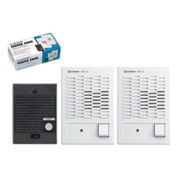 The Aiphone C-123LW single-door answering system with dual master intercoms provides audio communication with visitors and a door release button for remote access. Features adjustable volume and flexible power options for easy installation.