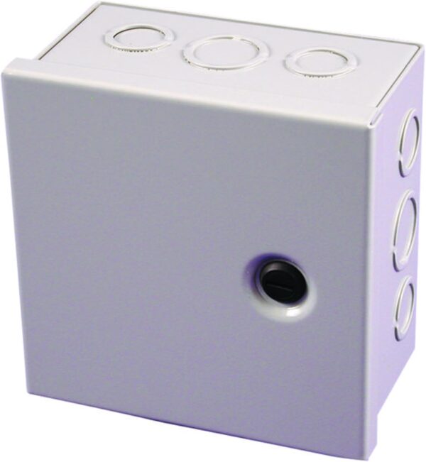 The Hammond CHKO12126 Type 1 Mild Steel Junction Box is ideal for indoor commercial use, featuring a hinged cover for easy access and knockouts on all sides for flexible wiring.