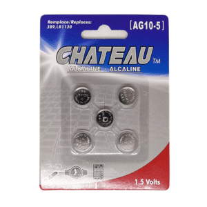 Piles alcalines AG10 Chateau 1.5V, paquet de 5, compatibles LR1130 et 389, idéales pour montres, calculatrices et petits appareils électroniques.