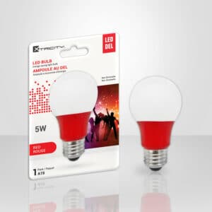 Ampoule DEL A19 Xtricity 5 W rouge, culot E26, 40 W équivalent, non gradable, durable 15 000 h, parfaite pour décorations et projets créatifs.