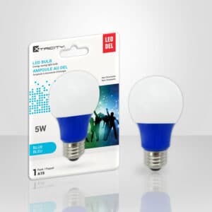 Ampoule DEL A19 Xtricity 5 W bleu, culot E26, 40 W équivalent, non gradable, durable 15 000 h, idéale pour décorations et projets créatifs.