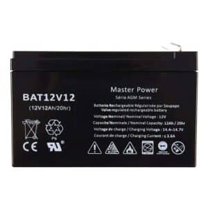 Batterie AGM 12V 12Ah Master Power, sans entretien et sécurisée, idéale pour alarmes, UPS et systèmes autonomes.