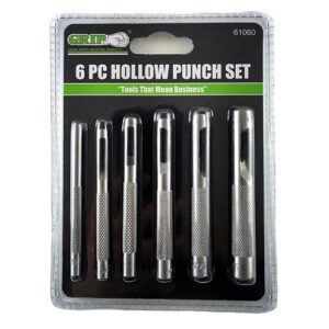 Set of 6 Grip 61060 hollow punches, sizes: 1/8“, 5/32”, 3/16“, 7/32”, 1/4“, 5/16”. Ideal for perforating leather, rubber, plastic and fabric.