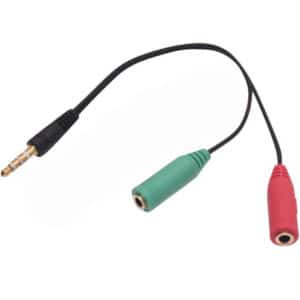 Adaptateur 3.5 mm noir 2 femelles vers 1 mâle 4 contacts TRRS pour casque et micro, idéal PC gaming et laptop.