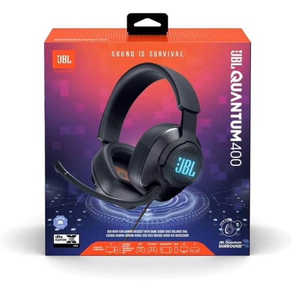 Discover the JBL Quantum 400 USB gaming headset with surround sound, noise-canceling microphone and optimal comfort for an immersive gaming experience on all platforms.