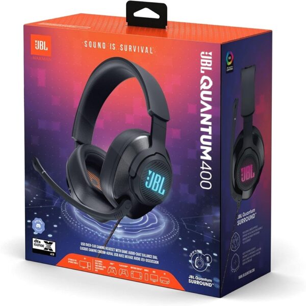 Discover the JBL Quantum 400 USB gaming headset with surround sound, noise-canceling microphone and optimal comfort for an immersive gaming experience on all platforms.