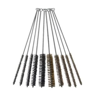 Set of 10 Grip 27224 tube cleaning brushes with sturdy, flexible twisted-wire handles. Includes brass and stainless steel brushes in various diameters. Ideal for cleaning tubes and pipes.