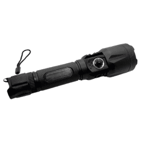 LED Flashlight FL01, 5 1/4 inches in length, operates with 2 AA batteries, single push-button mode, with a carrying lanyard.