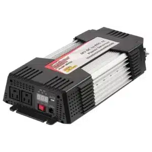Convertisseur PI-DP-3000C 12V DC vers 110V AC 1500W continu et 3000W peak avec USB, affichage LED, double prise AC et protections intégrées.