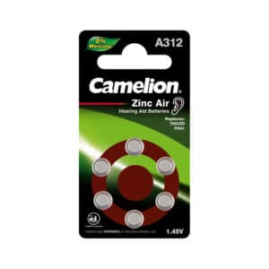 Piles A312 Camelion 1.45V pour appareil auditif, paquet de 6, technologie zinc-air, longue durée, compatibles PR41 et 7002ZD, sans mercure.
