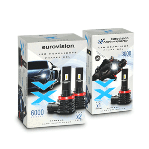 Kit de phares DEL Eurovision VXLED9005 9005/HB3 6000 lumens 6000K sans ventilateur compatible 9-32V pour voiture et camion, installation facile.