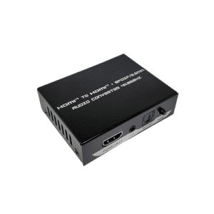 Convertisseur HDMI v2.0 vers HDMI avec sortie audio 3.5 mm stéréo et optique, compatible 4K@60Hz, plug-and-play, idéal pour home cinéma et systèmes audio.