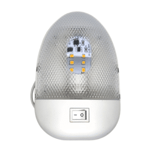 Lumière DEL VR 12 V à dôme simple avec interrupteur ON/OFF, installation murale ou plafond, idéale pour roulottes, bateaux et véhicules récréatifs.