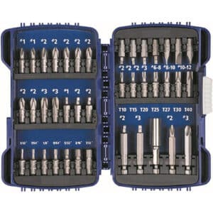 Kobalt 40-piece screwdriver bit set with magnetic bit holder, made from S2 steel for maximum durability. Ideal for diverse fastening tasks.