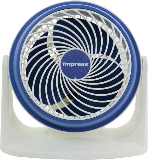 Impress 8-inch blue high-speed fan: powerful cooling, compact design, ideal for home or office. 1-year warranty against manufacturing defects.