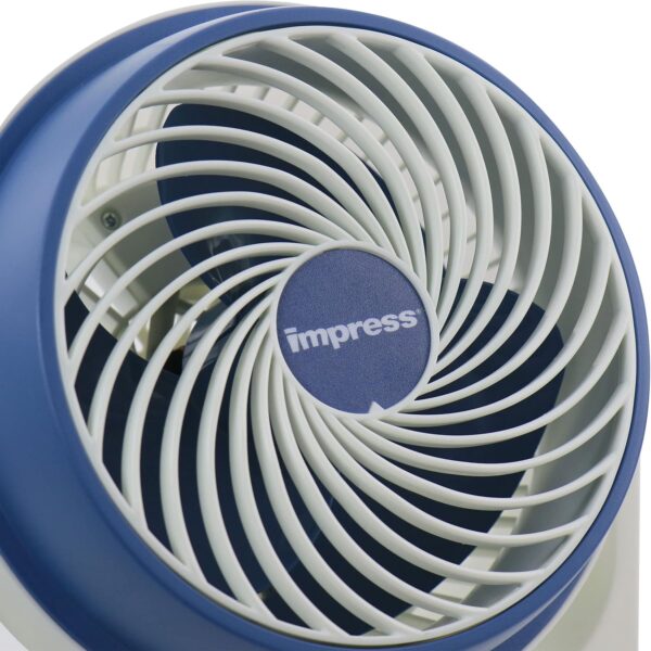 Impress 8-inch blue high-speed fan: powerful cooling, compact design, ideal for home or office. 1-year warranty against manufacturing defects.