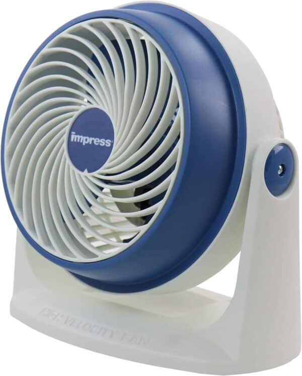 Impress 8-inch blue high-speed fan: powerful cooling, compact design, ideal for home or office. 1-year warranty against manufacturing defects.