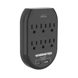 Adaptateur mural Monster à 6 prises avec USB et USB-C, protection contre les surtensions, 1 200 Joules, technologie Dual Mode™.