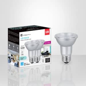Paquet de 2 ampoules LED PAR20 7 W (500 lm) à lumière du jour 5000 K, dimmables, base E26, remplace ampoules 50 W pour éclairage intérieur efficace.