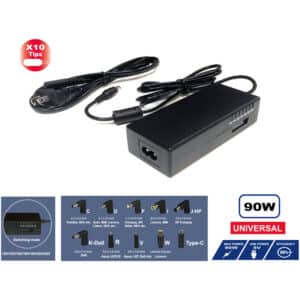 Adaptateur universel AC 90W pour ordinateur portable avec 10 embouts interchangeables, tensions ajustables et port USB 5V intégré.