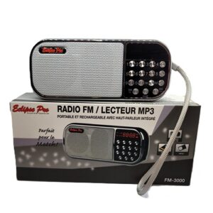 Radio FM portable avec lecteur MP3, batterie rechargeable, prise jack 3.5mm et câble USB inclus. Parfait pour écouter la radio ou la musique via carte micro SD.