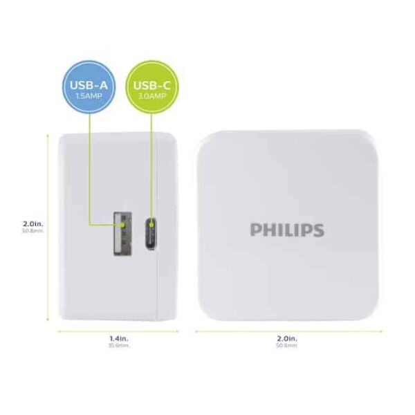 Charge two devices simultaneously with the Philips DLP2507/37 wall charger. Compatible with USB-A and USB-C, this compact charger offers a maximum power output of 22.5 W for your smartphones, tablets and other devices.