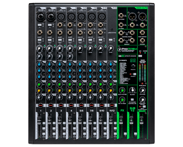 10-channel ProFX12v3 mixer with integrated effects and USB connectivity, ideal for studio recordings, live performances, podcasts, and professional events.