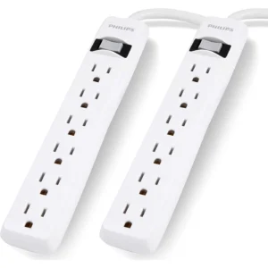 multiprise Philips 6 prises avec protection 450 joules, cordon 60 cm. Lot de 2 pour la maison ou le bureau. Sécurité garantie jusqu’à 50 000 $.